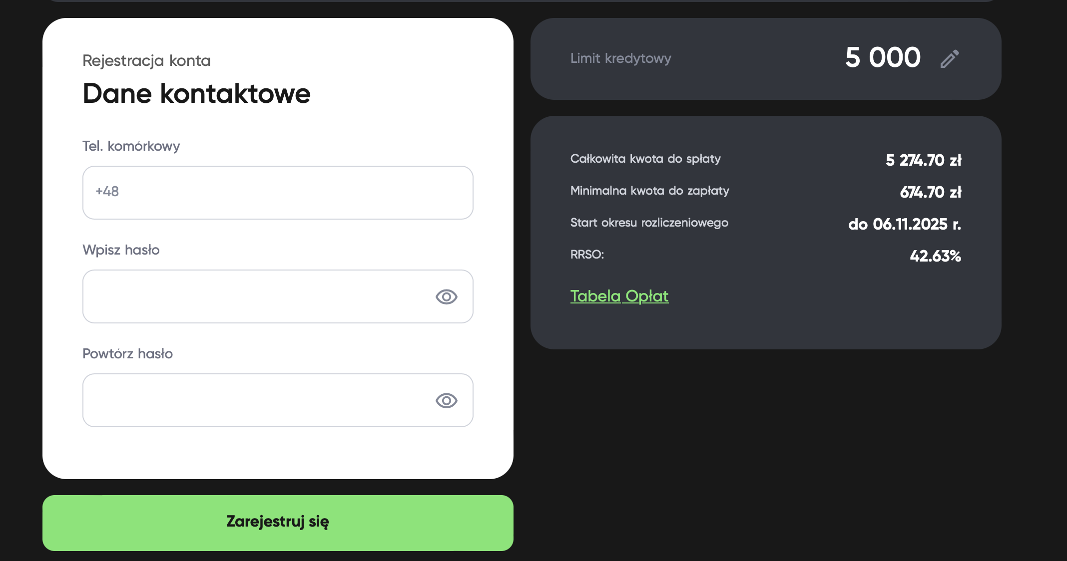 Formularz o kartę kredytową Miloan card