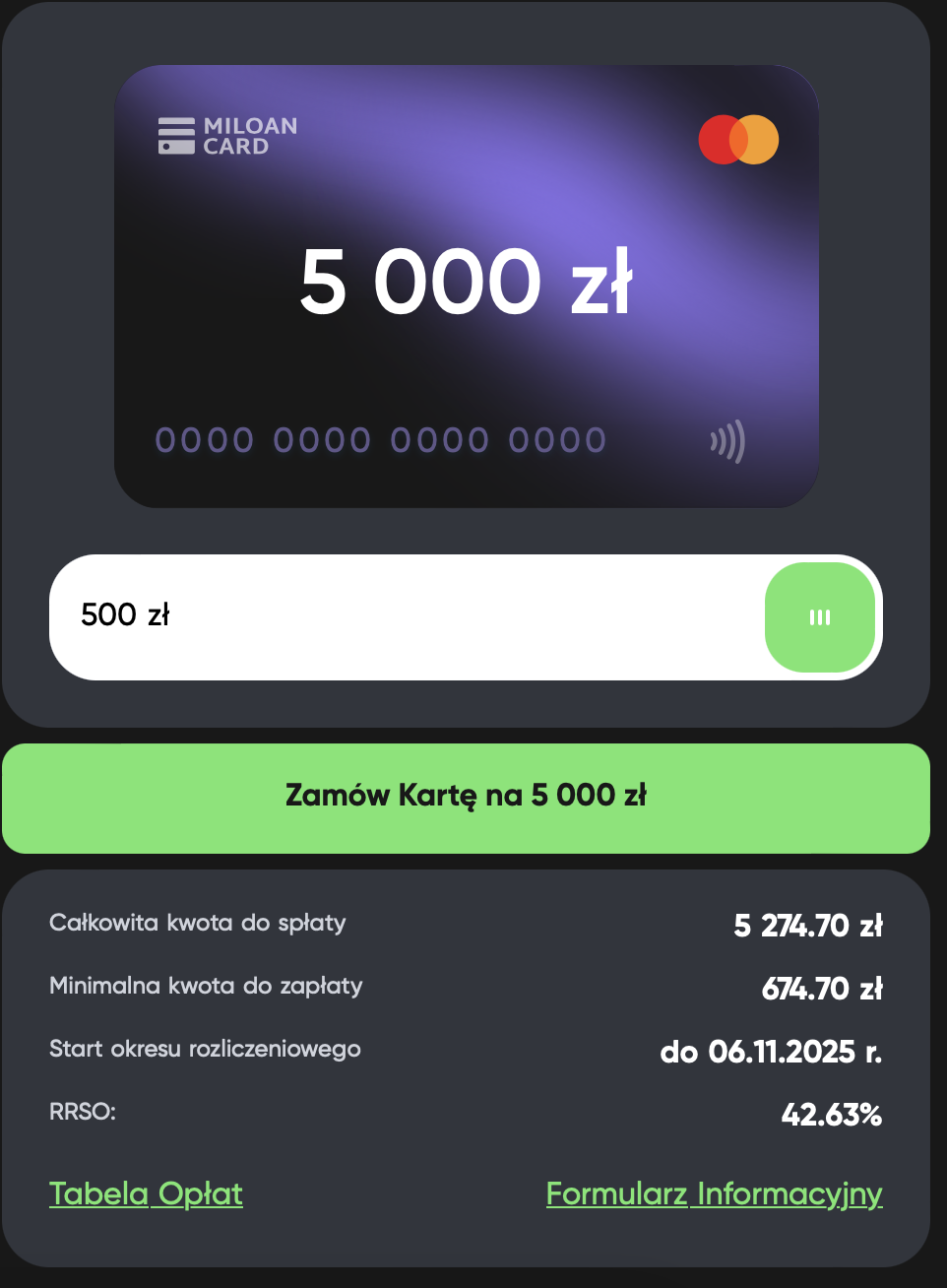 Kalkulator karty kredytowej Miloan Card